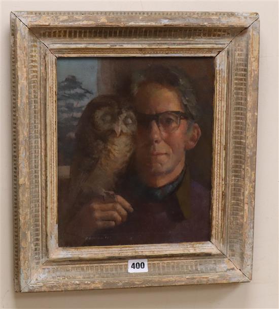 Ronald Benham oil on canvas, Self Portrait with Owl, signed, Mall Galleries label verso, 30 x 25cm.